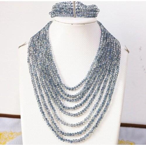 Blue crystal glass 4x6mm beads fashion diy jewelry set 8 rows chain nacklace 5 rows bracelet B855