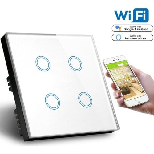 EU Standard wifi smart switch Touch screen 4 Gang Alexa Voice Control Wall Wifi tuya Switch 1000W White Crystal Glass Panel 220V