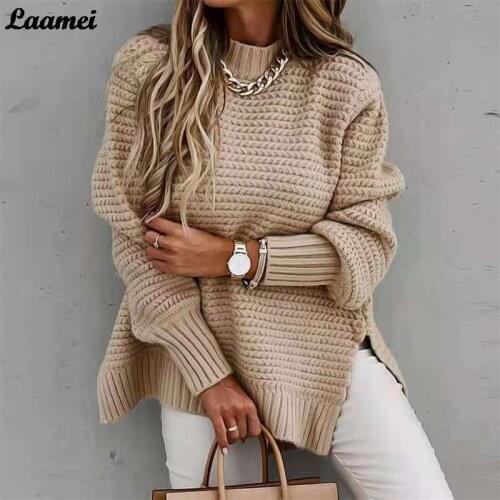 Vintage Knitted Womens Sweater Autumn Loose Casual Long Sleeve Split Pullovers Women Basic Long Sleeve Jumpers Female Tops