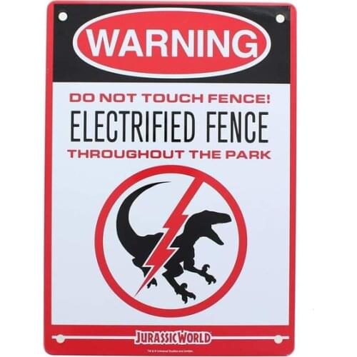 Jurassic World Electrified Raptor Fence Tin Litho Warning Sign LootCrate March Exclusive Pretty tin sign