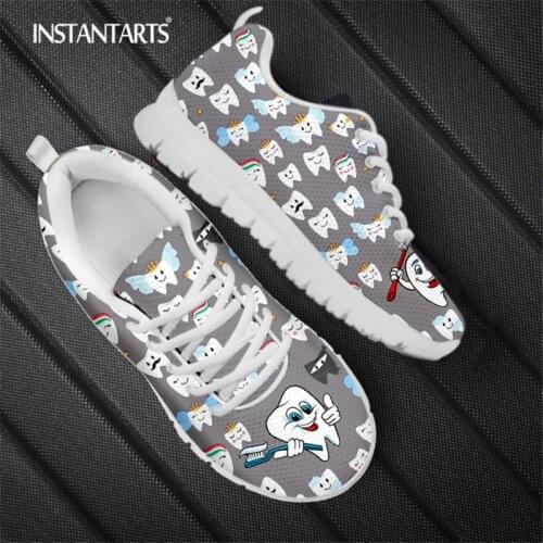 INSTANTARTS Funny Dentist Teeth Print Womens Flat Shoes Gray Lace-up Sneaker Summer Breathable Mesh Footwear For Teen Girls