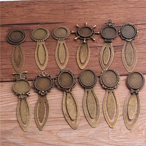 2pcs Antique Bronze Alloy Cameo mix 15 style Steel Bookmarks oval Round Cabochon Settings Jewelry Blank Charm