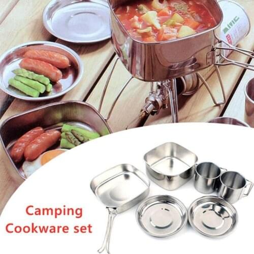 Outdoor 6pcs/set Steel Pot Utensils Camping Mountaineering Bowls by Sets Cooking Picnic used 3/4 PortableCan Kitchen Cauldr D9D4