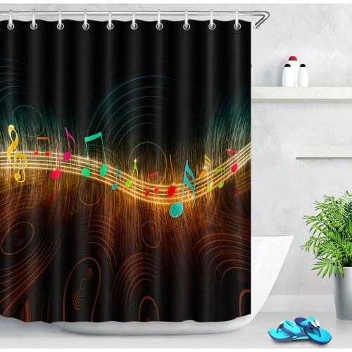 72'' Glowing Music Notes On Retro Vinyl Records Bathroom Waterproof Fabric Shower Curtain Polyester 12 Hooks Bath Accessory Sets