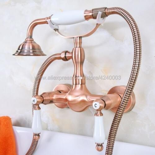 Antique Red Copper Wall Mount Telephone Bath Shower Faucet Mixer Tap w/ Handheld Spray Shower Kna308