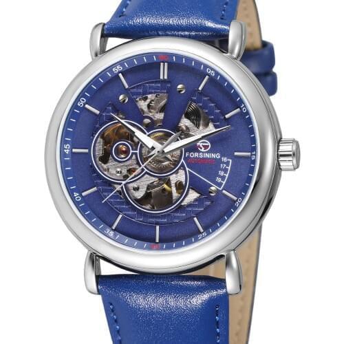 FOSINING WATCH fashion trend casual simple mens blue dial silver case blue leather strap automatic mechanical watch