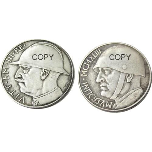 MORUZZI - VICTOR EMMANUEL III 1900-1943 20 LIRE Elmetto 1928 Or 1943 2pcs Silver Plated Copy Coins