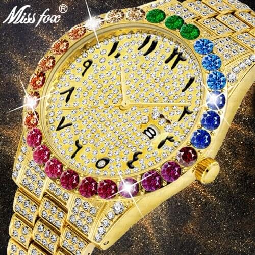 MISSFOX Big Rainbow Diamond Arabic Numerals Men Watches 2020 Watch Men stainless steel Clock Brand Casual Calendar Mens Watch