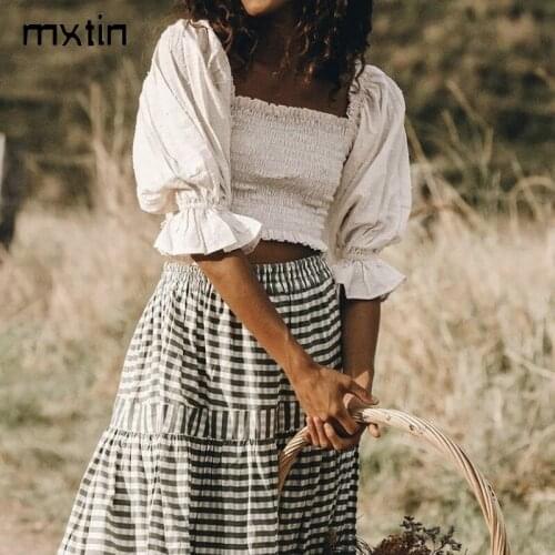 MXTIN 2021 Women Spring Vintage White Cropped Blouses Fashion Elasticity Square Collar Female Shirts Blusas Cute Girl Tops
