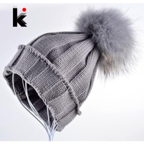 New fashion womens winter warm beanie hat cap female fur pompom ball knitted beanies wool caps raccoon fur hats for women