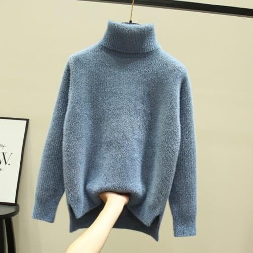 Autumn winter loose 2019 new high-neck imitation mink velvet split fork thick knitted base sweater womens hedging