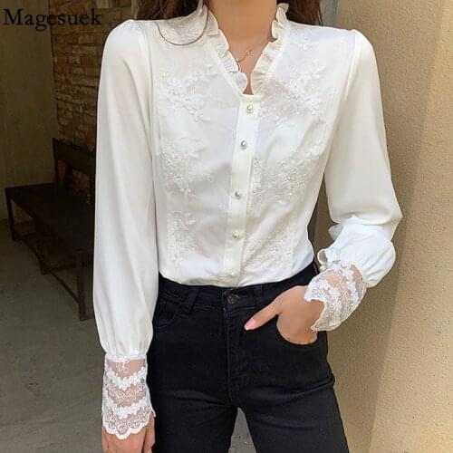 Autumn Vintage Long Sleeve Blouse with Lace Elegant Flower Sweet White Shirts Solid Tops Loose Slim Casual Blouse Blusas 16853