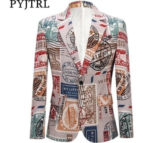 PYJTRL Mens Retro Vintage Plus Size Print Suit Jacket Casual Coat Slim Fit Blazer Men Veste Homme Mariage Prom Singers Costume
