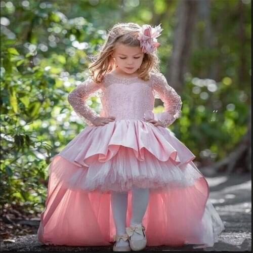 High Low Pink Flower Girls Dresses For Wedding with Bow Long Sleeve Girls Birthday Party Dress