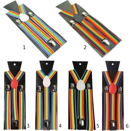 Men Women Wide Adjustable Straps Y-Back Suspenders Rainbow Colorful Vertical Striped Elastic Belt with Metal Clips