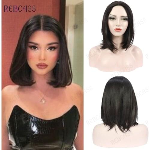 Rebcass Cosplay Straight Black Synthetic Wigs Middle Part For Women African American Lolita Daily Party Heat Resistant Fibre