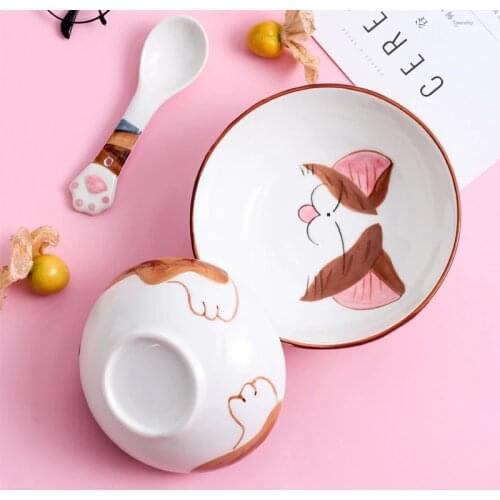 Cartoon childrens ceramic cute cat tableware rice bowl cute student creative snack household bowl plate dinner plates