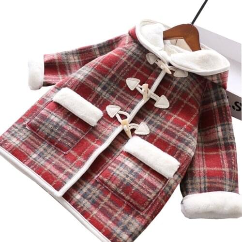 Girls Plaid woolen overcoat Children cotton-padded baby coat Thick