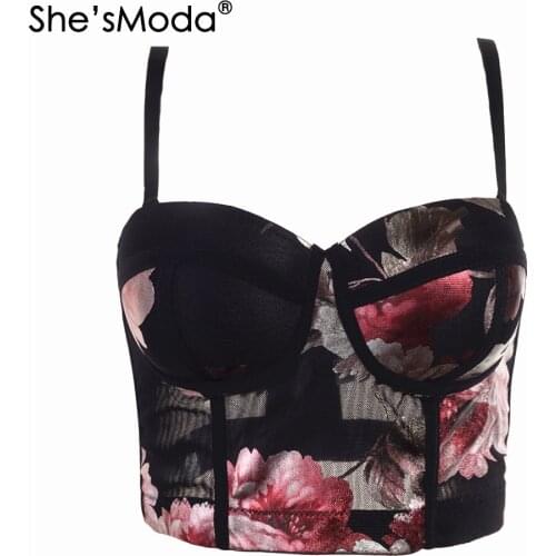 ShesModa 2021 Summer Mesh Floral Print Corset Womens Bra Bustier Night Club Party Cropped Top Vest Plus Size