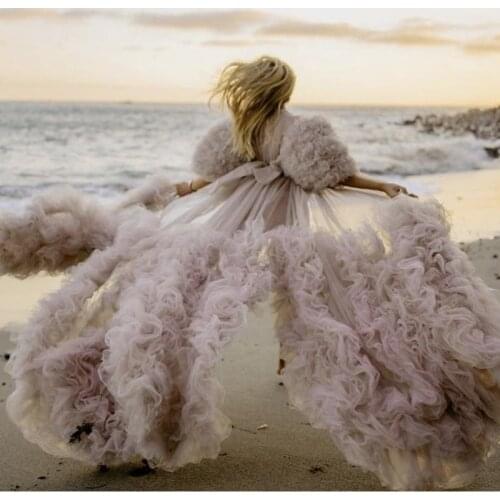 Gorgeous Mauve Puffy Ruffles Tulle Maternity Dresses Photography See Thru Half Sleeves Women Dress Long Robes Formal Gown