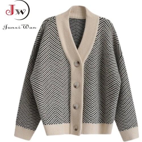 Vintage Women Autumn Winter Sweater Cardigans Retro Striped Loose Elegant Thicken Knitted Sweater Oversided Casual Outwear Tops