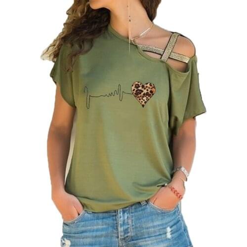 Summer New 90 s Leopard Heartbeat Short Sleeve Print T Shirt Women Short Sleeve T-shirt Irregular Skew Cross Bandage Tee Tops