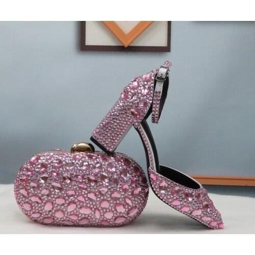 Baby Pink Crystal Summer Sandals ankle strap Fashion wedding shoes woman Pointed toe High Thick Heel Shoes 2020 New Arrival