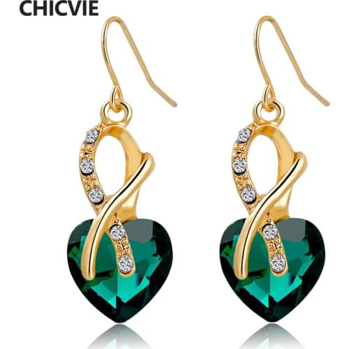 CHICVIE Gold Color Green Earrings With Stones for Women AAA Cubic Zirconia Crystal Heart Earrings Fashion Jewelry Pendientes