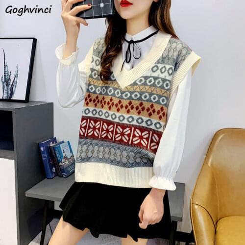 Sweater Vest Women V-neck Printed Chic Elegant All-match Korean Style Preppy Autumn Knitted Students Stylish Fashion Vintage New