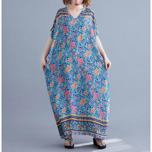 Summer New Plus Size Womens Dress Cotton Silk V-Neck Printed Bat Sleeve High Waist Short Sleeve Cotton Dresses Oversize Bust