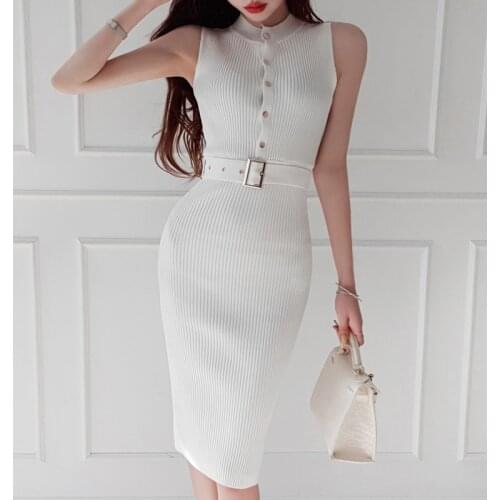 New arrival fashion bouncy knitting bodycon dress women elegant summer sleeveless temperament office lady simple pencil dress