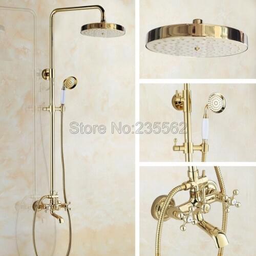 Gold Color Brass Bathroom Luxury Rain Hand Shower System Head Tub Spout Mixer Tap with Ceramic Handheld Spray lgf355