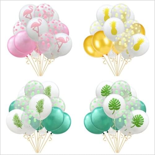 15pcs/lot 12inch Latex White Balloon Flamingo Pineapple Leaf Confetti Balloons For Hawaiian Tropical Party Favors Supplies
