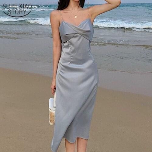 2021 Stain Casual Sexy Dresses Summer Fairy Sleeveless Long Dress V Neck Party Dress Evening Clothing Blue Apricot Robe 14572