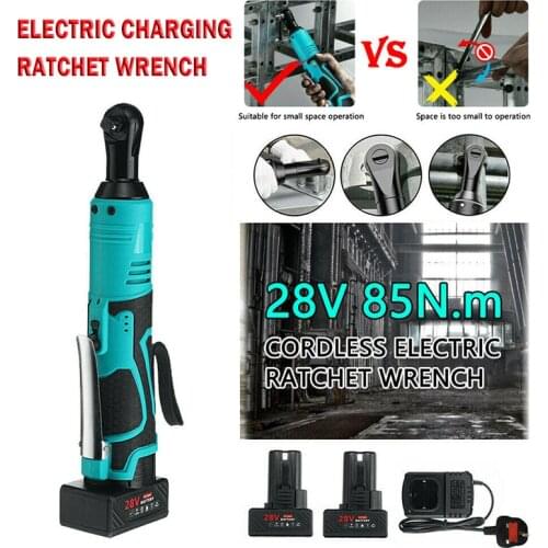 28 V 3/8'' Cordless Electric Ratchet Wrench 85 N.m Right Angle Ratchet Wrench UK Plug Repair Tool with 2 Battery Accessories