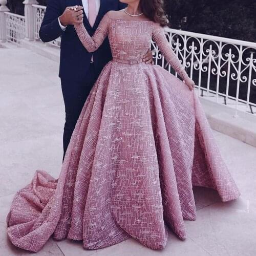 SuperKimJo Sparkly Ball Gown Prom Dresses Dusty Pink Long Sleeve Arabic Dubai Fashion Prom Gowns Vestido De Festa 2021