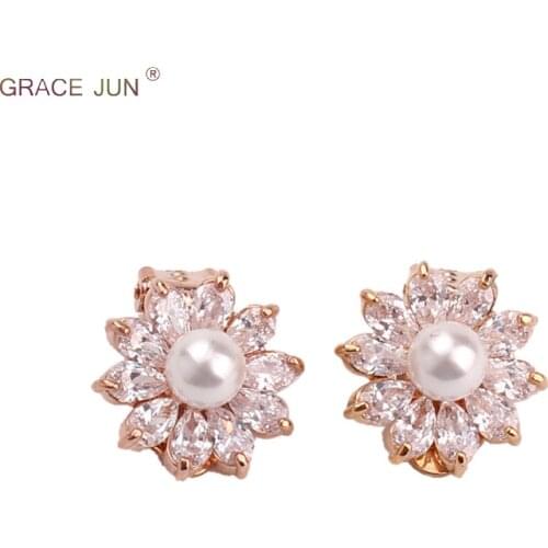 GRACE JUN New Style Flower Clip on Earrings No Pierced for Women Party Birthday Elegant Jewelry Cubic Zircon Pearl Stud Earrings