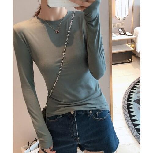 T Shirt Women Slim Tee Shirt Female Casual Simple Solid Vetement Femme 2021 Spring Long Sleeve Korean Round Neck T-Shirt Woman