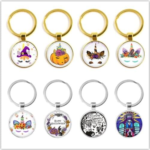 Halloween Unicorn Flower Power Keychain SchoolBag Glass Gem Charm Jewelry Witch Skull Pumpkin Key Chains Children Kids Gifts