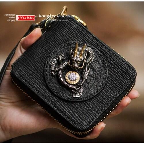 Handmade Sharkskin Leather Dragon Wallet Men and Women Wallet Leather Zipper Short Purse Male Card Holder Wallets Black Casual