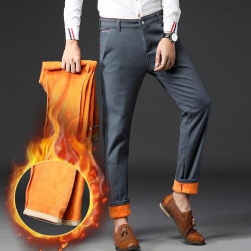 Men Winter Casual Pants Fleece Thicker Warm Trousers Straight Slim Pants Good Quality Male Cotton Business Casual Solid Pants