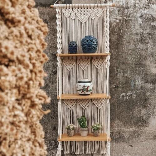 Boho Macrame Wall Hanging Shelf 3 Tier Handmade Woven Tassel Wood Organizer Shelves Wall Floating Hanger For Home Decor