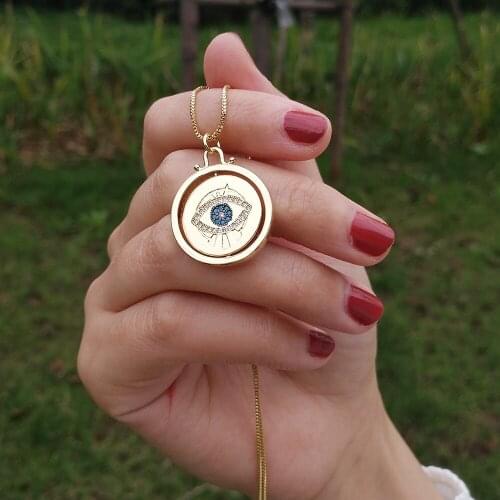 New Arrival CZ Copper Blue Eye Pendant Necklace for Women Fashion Gift Round Coin Cubic Zirconia Greek Eye Jewelry olho grego