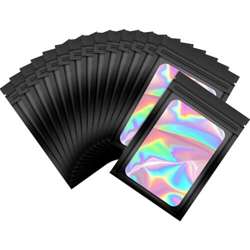 100pcs Foil Ziplock Bags Resealable Smell Proof Bags With Clear Window Aluminum Foil Pouch Mylar Ziplock Bags Holographic 7x10cm
