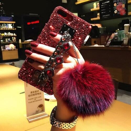 Luxury Glitter Bling Diamond Gem Bracelet Chain Strap Cases Fur Ball Cover For iPhone 11 Pro max XSMAX XR 6 7 8 Plus Phone Case