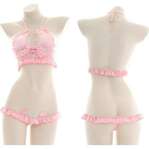 Pink Open Chest Halter Bowknot Bell Ruffles Pyjamas Bikini Suit Sexy Lolita Girl Private Cat Ear Underwear Set Maid Cosplay