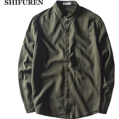 SHIFUREN New Spring Mens Cotton Linen Shirts Long Sleeve Soft Breathable Stand Collar Causal Male Dress Shirts Big Size M-3XL