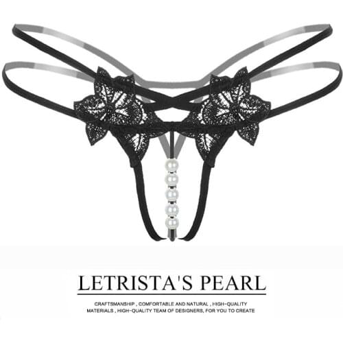 Sexy Crotchless Thongs Women Faux Pearl Embroidery Panties Transparent G-String Lady Lingerie Sexy Underwear