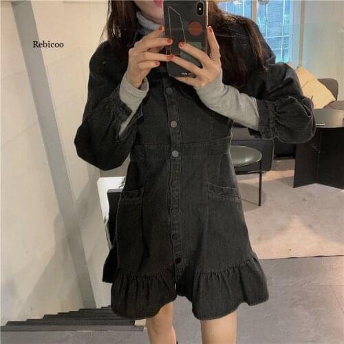Spring Korean Version Retro Design Denim Shirt Dress Women Plus Size Dresses Turn Down Collar Short Sleeve Dress With Pockets