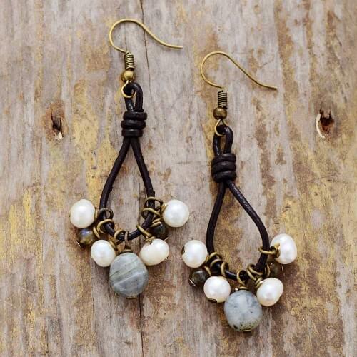 Vintage Women Earrings Freshwater Pearls Labradorite Leather Earrings Designer Bohemia Earrings Pearl Jewelry Dropship